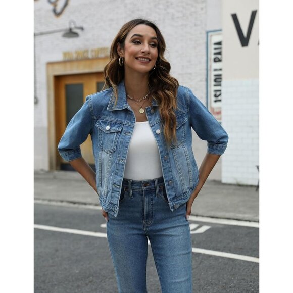 Women's 3/4 Sleeve Colored Cropped Denim Jacket Short Jean Jacket Trucker Blue - Picture 3 of 7